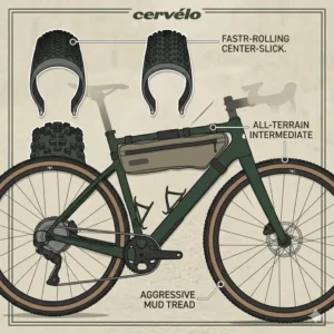 Illustration 2: A technical diagram comparing different types of gravel gear tire treads for various terrains.
