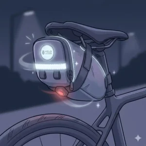 Reflective strips on a bike seat pouch glowing in low light for enhanced night cycling safety.