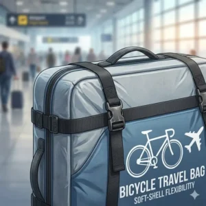 A lightweight soft-shell bicycle box for flying designed for easy transport and storage.