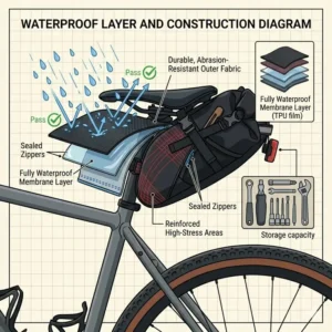 Detailed diagram of the internal storage capacity and items inside seatpost bags for bicycles.
