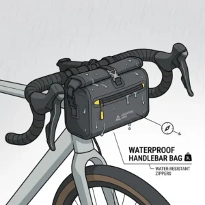 Illustration of a compact waterproof bike bag mounted to bicycle handlebars for easy access to gear.