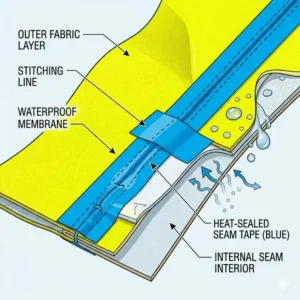 Close-up illustration of heat-sealed taped seams preventing water entry on a waterproof cycling jacket.