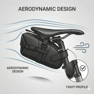 Graphic illustrating the aerodynamic profile of a compact bicycle seat bag tucked behind a bike seat.