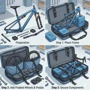 A step-by-step illustration showing how to safely pack a bike into a bicycle box for flying.