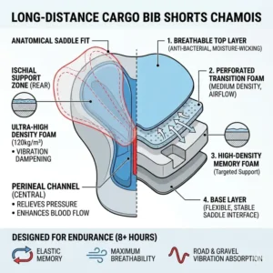 Technical diagram showing the multi-density chamois pad inside cargo bib shorts.