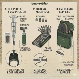 Illustration 3: A minimalist infographic showing essential gravel gear maintenance tools and repair kits.