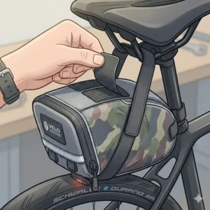 Close-up illustration of the easy installation process for a velcro strap bike seat pouch.