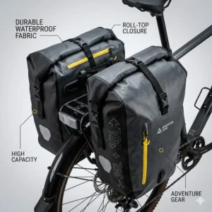 A pair of heavy-duty waterproof bike bag panniers hanging from a rear bicycle rack, ideal for long-distance bikepacking.