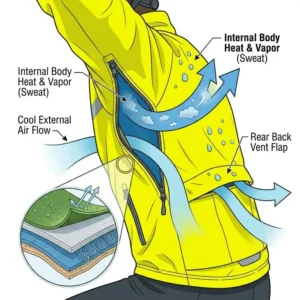 Illustration of underarm zippers and rear vents on a waterproof cycling jacket for heat regulation.