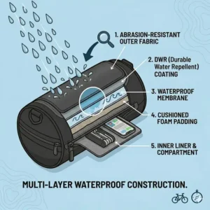 A cross-section illustration highlighting the durable, rain-resistant fabric layers of a premium cycling bar bag.