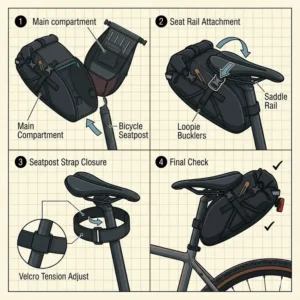 An illustration highlighting the aerodynamic profile and reduced wind drag of seatpost bags for bicycles.
