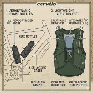 Illustration 4: Illustration of high-performance gravel gear hydration systems and aerodynamic water bottles.
