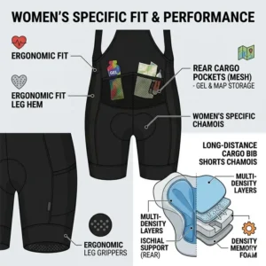 Infographic highlighting the ergonomic design of women's specific cargo bib shorts.