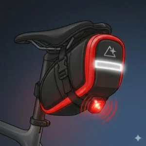Illustration of a bicycle seat bag featuring reflective strips and a dedicated clip for a rear LED safety light.