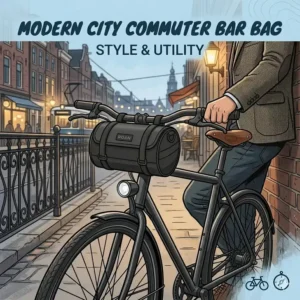 A stylish illustration of a modern bar bag on a city commuter bike leaning against a brick wall.