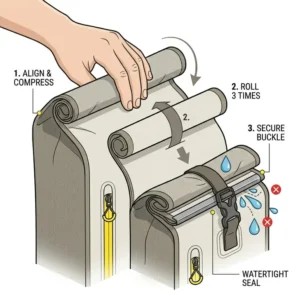 Diagram showing how to properly fold the roll-top closure on a waterproof bike bag to ensure a watertight seal.