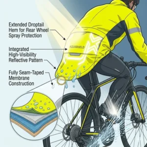 Graphic highlighting reflective strips on a waterproof cycling jacket for low-light safety.