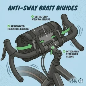 A technical illustration showing the reinforced backing of a bar bag designed to prevent swaying during rough rides.