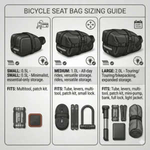 A comparison chart showing small, medium, and large bicycle seat bag options for different cycling needs.