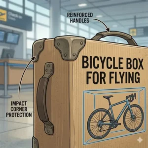 A reinforced cardboard bicycle box for flying used as a budget-friendly shipping alternative.