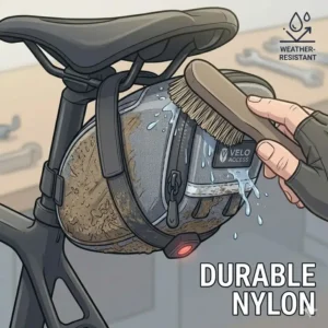Durable and weather-resistant nylon material of a professional bike seat pouch.