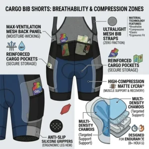 Illustration of the breathable compression fabric used in high-performance cargo bib shorts.
