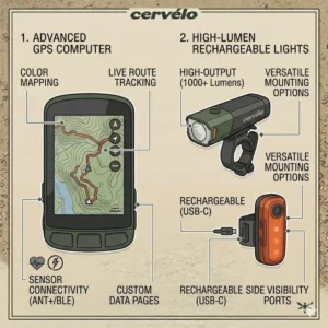 Illustration 5: Graphic representation of electronic gravel gear featuring a GPS computer and safety lights.