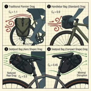 Visual guide to reflective strips and safety light attachment points on seatpost bags for bicycles.