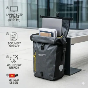 A sleek black waterproof bike bag used for daily commuting, protecting a laptop and documents from rain.