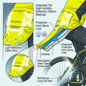 Illustration of a waterproof cycling jacket with a long droptail hem to protect against rear wheel spray.