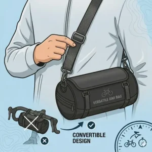 An illustration showing a bar bag being used as a crossbody sling bag with an adjustable shoulder strap.