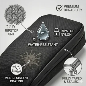 Illustration of a bicycle seat bag made from ripstop nylon with a mud-resistant coating.