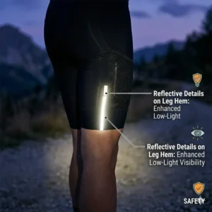 Night view showcasing the high-visibility reflective details on cargo bib shorts.