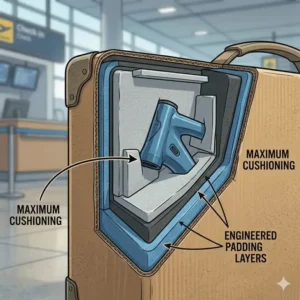 Detailed view of engineered foam layers inside a bicycle box for flying to protect the frame.