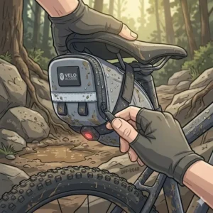 A rugged bike seat pouch being used on a mountain bike during an off-road trail ride.