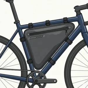 Illustration of a triangular waterproof bike bag nestled inside a bicycle frame for aerodynamic storage.