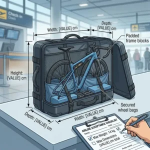 A technical diagram showing the standard dimensions of a bicycle box for flying for airline approval.
