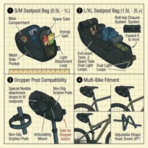 Illustration demonstrating the compatibility of seatpost bags for bicycles with road and mountain bikes.