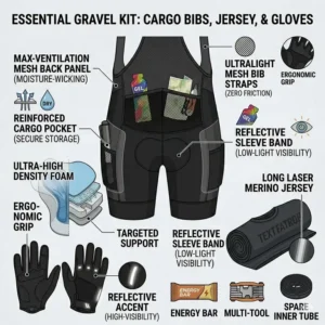 A complete gravel cycling kit layout featuring professional cargo bib shorts, jersey, and gloves.