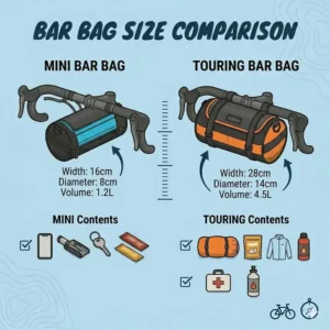 A side-by-side illustration comparing the dimensions of a mini bar bag versus a large-capacity touring bag.