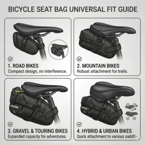 Graphic showing a bicycle seat bag compatible with mountain bikes, gravel bikes, and hybrid saddles.