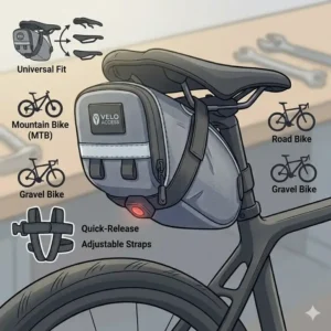 Illustration showing the universal fit compatibility of a bike seat pouch with various saddle types.