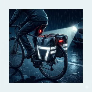 A waterproof bike bag with high-visibility reflective strips glowing under a car's headlights at night.