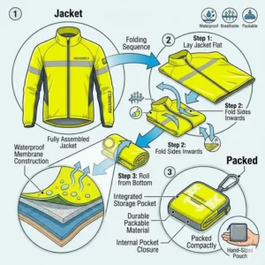 Illustration of a lightweight waterproof cycling jacket folded into its own integrated storage pocket.