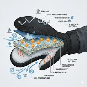 Diagram showing the thermal insulation layers of winter cycling mittens.