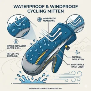 Infographic highlighting the waterproof and windproof features of cycling mittens.
