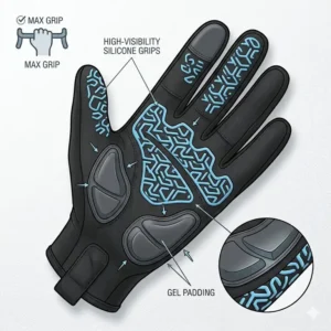 Close-up illustration of the palm grip and padding on cycling mittens.