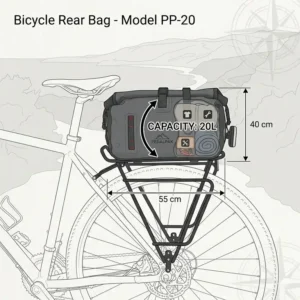 Technical illustration showing the internal storage capacity and dimensions of a 20L bicycle rear bag.