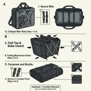 A technical diagram showing the three-step process to collapse and secure the foldable bike bag.