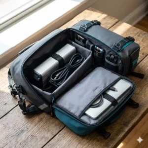 An open ebike bag showing organized interior compartments filled with a battery charger, tools, and a laptop.